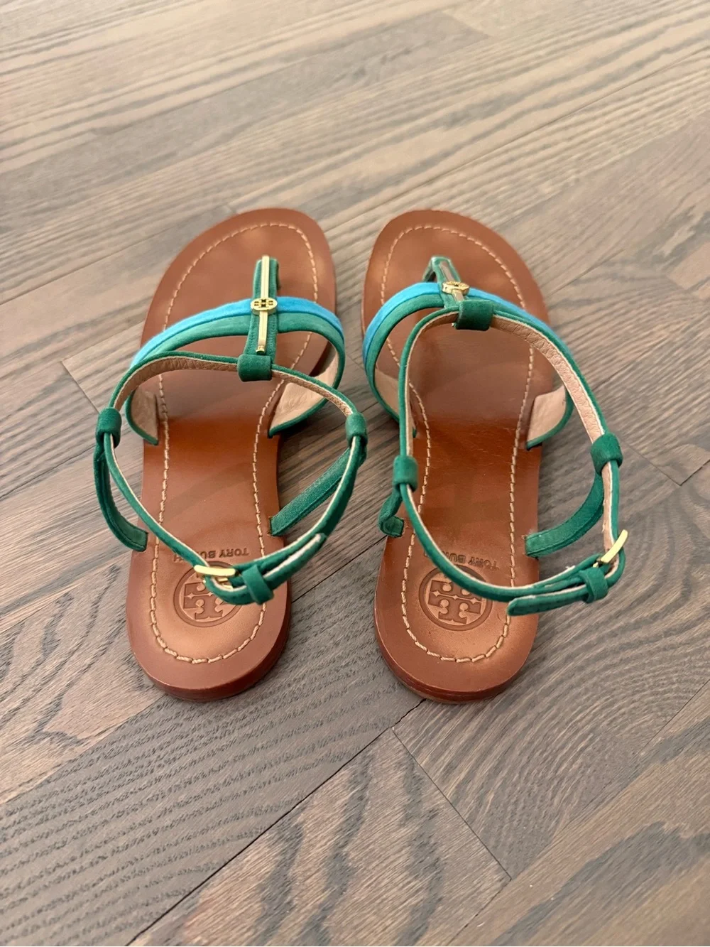 Tory Burch Green & Teal Suede T-Strap Sandals with Gold Logo
